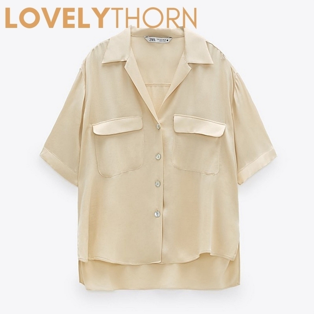 ZARA // satin effect button down short sleeve relaxed pocket top